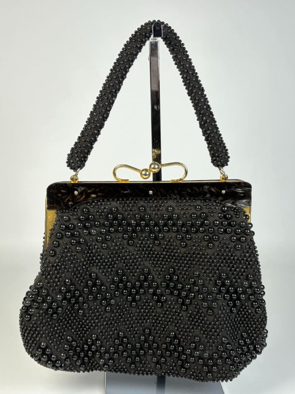 Vintage Black Bubble Bead Handbag Purse Faux Tortoise Shell & Metal Frame
